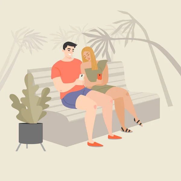Young couple sitting on a park bench and using smartphones. — Stock Vector