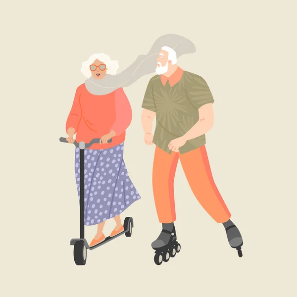 Personas mayores montan scooters y patines . — Vector de stock