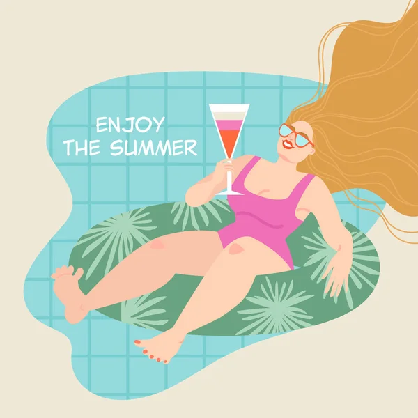 Αστείο κορίτσι κολύμπι σε ένα φουσκωτό κύκλο και πίνοντας ένα κοκτέιλ — Διανυσματικό Αρχείο