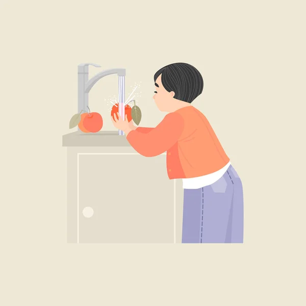 Dziewczyna myje jabłko. — Wektor stockowy