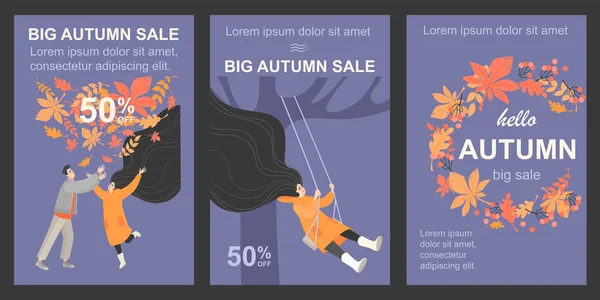 Ensemble d'illustrations de la vente d'automne avec des personnages sur un fond de chute de feuilles . — Image vectorielle