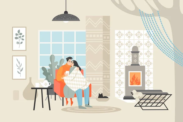 年轻的幸福夫妇坐在椅子上喝茶。男人和女人在舒适的房间里在壁炉旁享受夜晚. — 图库矢量图片