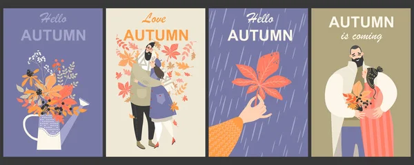 Set van herfst illustraties met schattige personages en boeketten van bladeren — Stockvector