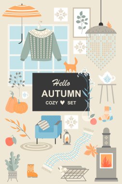 Set of cute vector illustrations of objects and attributes of the scandinavian hygge style clipart