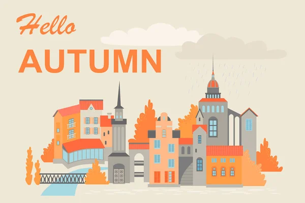 Vektorillustration einer europäischen Stadt im Herbst. Gebäude mit Kirchtürmen im nordeuropäischen Stil am Ufer des Flusses — Stockvektor