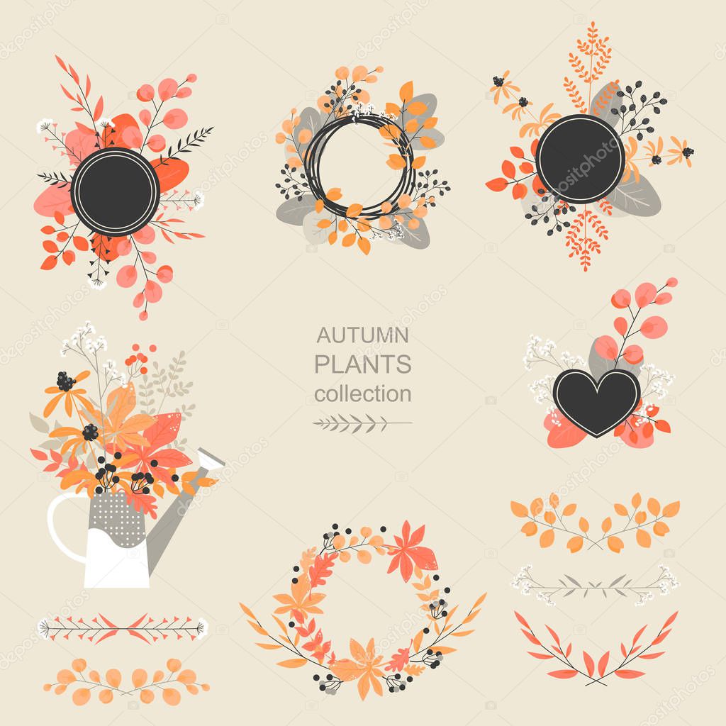 Set of vector autumn floral elements from flowers and leaves for banner or flyer design. Autumn logos in pastel colors.