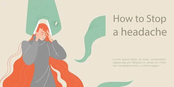 頭痛を停止する方法。冷たい女の子と病気を象徴する大きな緑色のヘビと象徴的なイラスト. — ストックベクタ