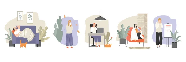 Set van Vector illustraties van mensen die lijden aan een verkoudheid in verschillende situaties op het werk en thuis — Stockvector