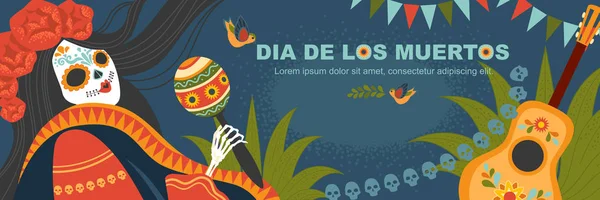 Stendardo vettoriale per il giorno messicano dei morti con uno scheletro femminile in un abito tradizionale con chitarra e maracas — Vettoriale Stock