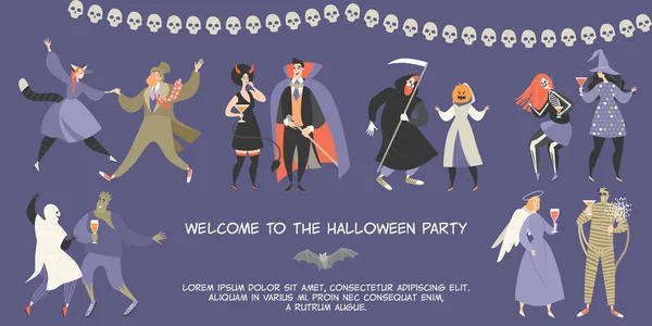 Banner vectorial de Halloween con gente divertida de dibujos animados vestida con trajes de monstruo bailando en una fiesta — Vector de stock
