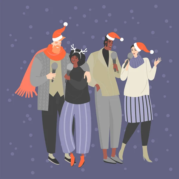 따뜻한 옷을 입은 젊은이들과 산타클로스 모자를 쓴 젊은이들이 크리스마스 노래를 부른다. — 스톡 벡터
