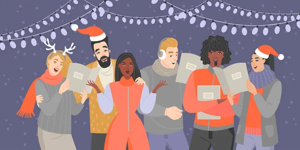En grupp unga människor i varma kläder och jultomten hattar sjunga julsångerna på kvällen — Stock vektor