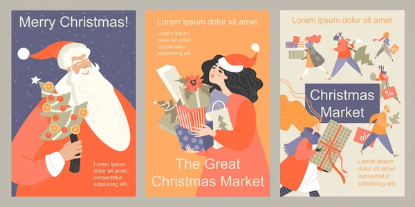 Set di volantini del mercatino di Natale vettoriale. Illustrazioni di personaggi dei cartoni animati divertenti e Babbo Natale — Vettoriale Stock