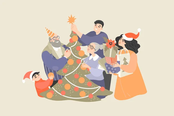 Família feliz decora uma árvore de Natal e prepara presentes para o feriado —  Vetores de Stock