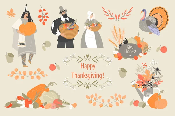 以可爱的朝圣者和土生土长的美国人、植物和蔬菜标志和火鸡为背景的感恩节插图. — 图库矢量图片