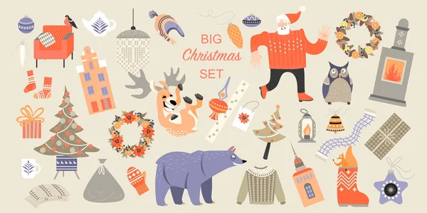 Set illustraties op een kerstthema met grappige figuren, kerstversieringen, cadeaus en gezellige winteraccessoires — Stockvector
