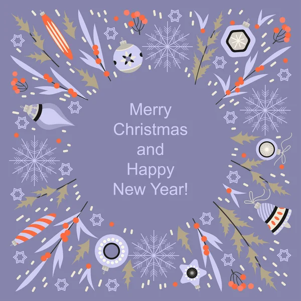Cartão de felicitações para o Natal e Ano Novo com decorações de Natal, plantas e flocos de neve —  Vetores de Stock