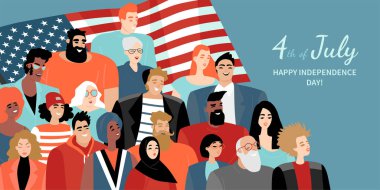 4 Temmuz kutlu olsun. Amerikan Bağımsızlık Günü bayrağını arka planda Amerikan bayrağı olan çeşitli bir grup insanla selamlıyor. Düz bir şekilde vektör illüstrasyonu.