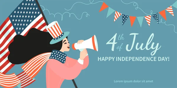 Happy Fourth July Congratulatory Banner Independence Day America Funny Girl — Stock Vector