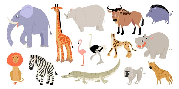 Conjunto Ilustraciones Vectoriales Animales Divertidos Aves Sabana Africana Imágenes Dibujos — Vector de stock