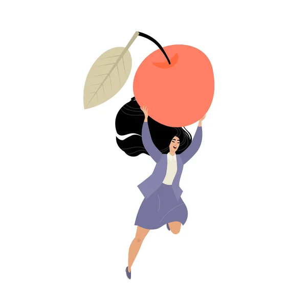 Imagen Conceptual Una Chica Feliz Con Una Enorme Manzana Sus — Vector de stock