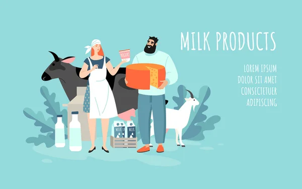 乳制品的概念说明 图为一头奶牛 一个拿着酸奶的女人和一个手里拿着奶酪的男人的模板 健康的奶类饮食 — 图库矢量图片