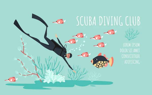 スキューバダイビングクラブのベクトルバナーテンプレート魚 藻類やサンゴに囲まれたダイバー 平型の漫画イラスト — ストックベクタ