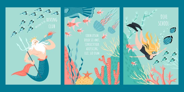 潜水俱乐部的一组矢量传单或横幅模板 有一个可爱的潜水者和一个有趣的童话人物 周围都是鱼 藻类和珊瑚 以扁平的风格描绘的卡通 — 图库矢量图片