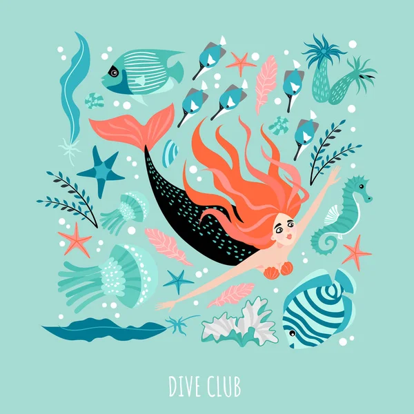 被海藻 鱼和珊瑚礁的其他居民包围的小美人鱼 潜水校旗模板 以扁平的风格描绘的卡通 — 图库矢量图片