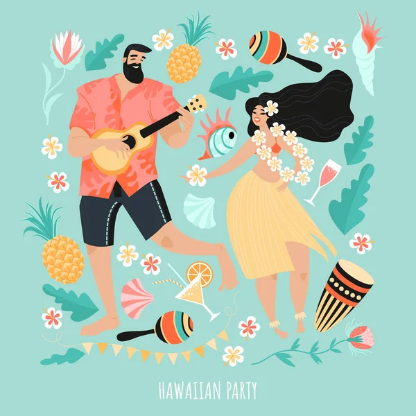 夏威夷党的概念与一个男人弹吉他和跳舞的女孩 饮料和热带植物 以平淡的风格展示夏季冒险 — 图库矢量图片