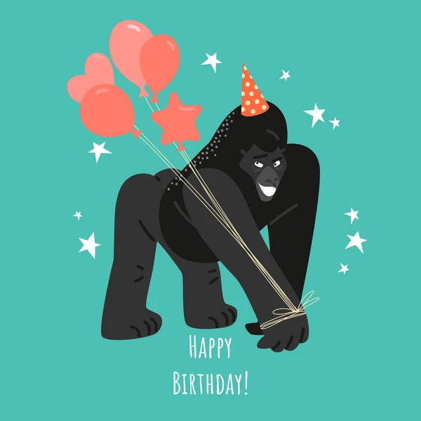 Şapkalı Balonlu Komik Bir Gorilin Doğum Günü Kartı Düz Tarzda — Stok Vektör