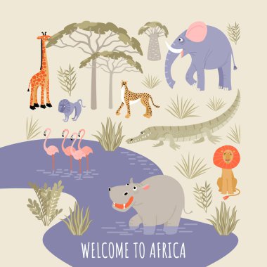 Afrika bayrağına hoş geldiniz. Nehir, Afrikalı hayvanlar, kuşlar ve bitkilerle vektör çizimi. Çizgi film resimleri düz bir şekilde.