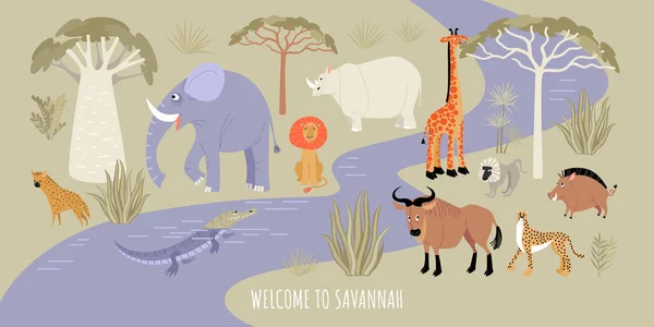 Bienvenidos Pancarta Savannah Ilustración Vectorial Con Río Animales Africanos Plantas — Vector de stock