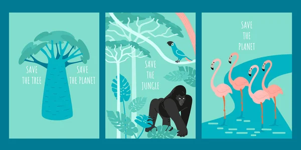 ジャングルを救え 地球を救え アフリカの熱帯雨林 野生動物や鳥とベクトルイラストのセット 平面形式の画像 — ストックベクタ