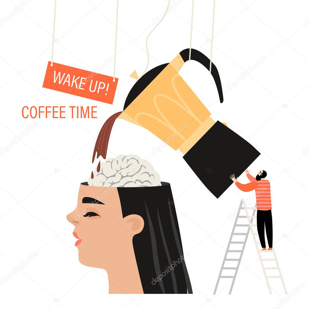 Wake up and coffee time concept. Surrealistic vector illustration with a man pouring coffee into a gigantic head. Isolated cartoon image in a flat style.
