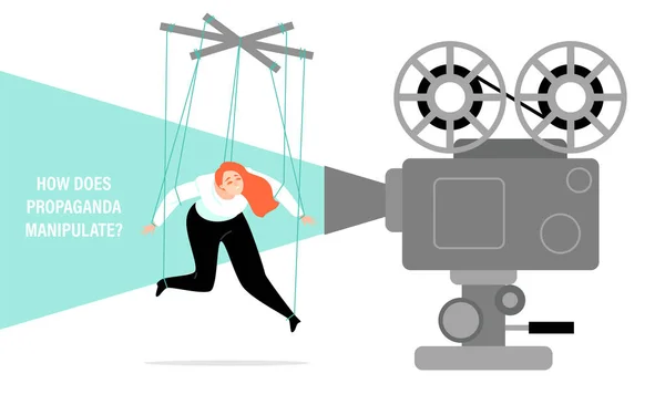 Cómo Manipula Propaganda Ilustración Conceptual Con Una Titiritera Proyector Cine — Vector de stock
