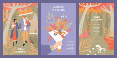 Sonbahar konsepti geliyor. Mutlu bir aileye sahip vektör kartları, bir buket yaprak ve bir sonbahar bahçesi. Düz biçimli çizimler