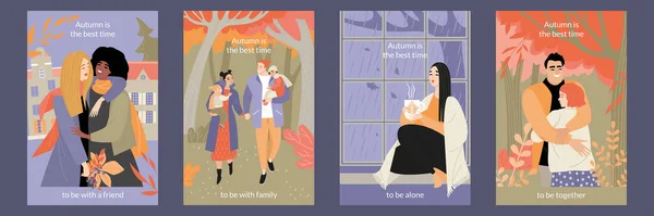 秋は最高の時間の概念です 幸せな家族 恋人のカップル 秋の日を楽しむ孤独な女の子とベクトルカードのセット 平型のイラスト — ストックベクタ