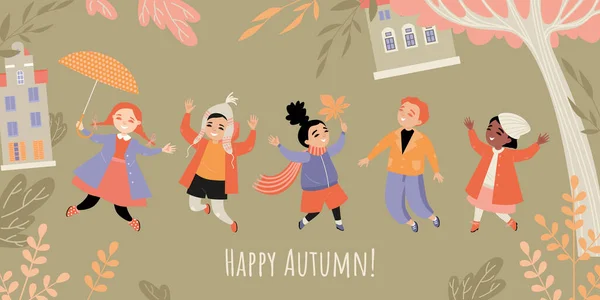 秋天的快乐横幅上挂着可爱的孩子们在秋天花园的背景下玩乐的图像 平面的矢量卡通画 — 图库矢量图片
