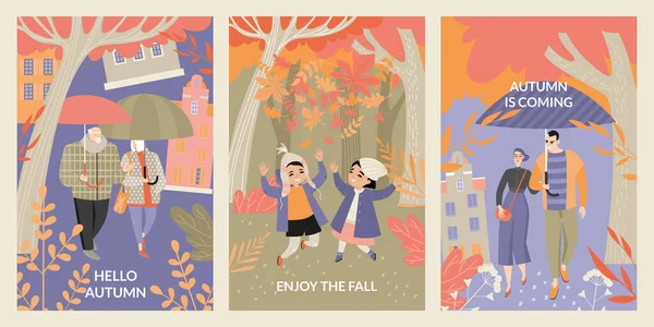 秋の森や街並みを背景に幸せな子供たち 若者や高齢者とベクトルカードのセット 秋をお楽しみください フラットスタイルでかわいいキャラクターとイラスト — ストックベクタ