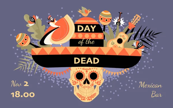 伝統的なメキシコのドレスや楽器で装飾された頭蓋骨 ダンサーと死んだ招待状のバナーの日 マリア ムエルトスのパーティー 平型のイラスト — ストックベクタ