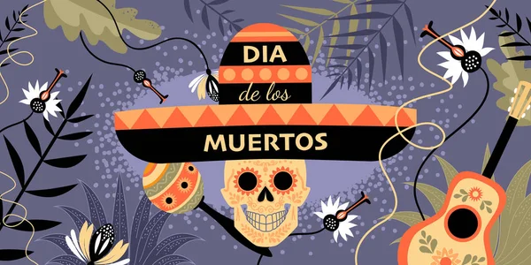 マリア ムエルトスの旗 花や葉を背景に装飾された頭蓋骨 楽器で死者のメキシコの日のためのイラスト 平面形式の画像 — ストックベクタ