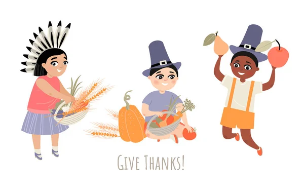 感恩节贺卡 上面有三个头戴老式礼帽 头戴羽毛 头戴蔬菜和水果的可爱孩子 平面风格的卡通人物图解 — 图库矢量图片