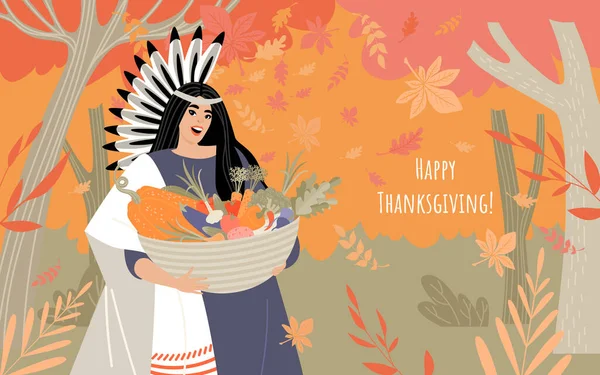 Thanksgiving Card Young Native American Woman Holding Basket Vegetables Fruits — Stock Vector