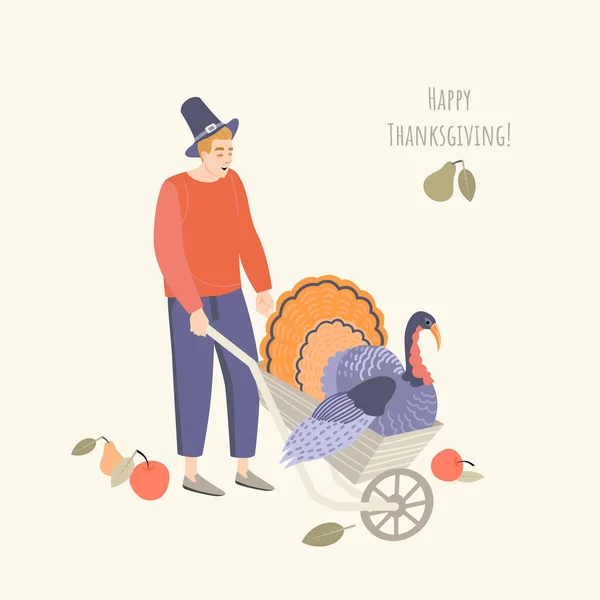 感恩节的插图 一个戴着朝圣帽 头戴火鸡 坐在花园的手推车里的年轻人 平面图像 — 图库矢量图片