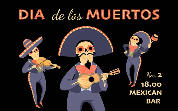 Dia Los Muertosは 楽器を演奏する伝統的なマリアッチの服に漫画の骨格を持つ招待バナー 平型漫画イラスト — ストックベクタ