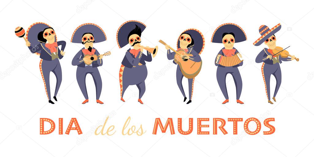 Dia de los muertos banner with funny skeletons in traditional mariacci clothes playing musical instruments. Cartoon illustration in flat style