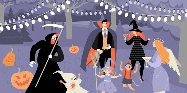 Векторная Иллюстрация Родителей Детей Костюмах Празднующих Хэллоуин Саду Веселая Семейная — стоковый вектор