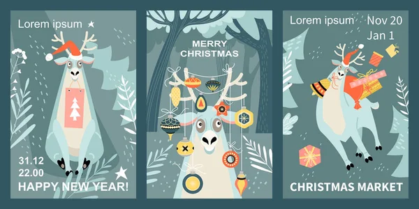 Mutlu Noeller Yılbaşı Pankartları Noel Pazarının Davetiyelerini Hediyeli Komik Ren — Stok Vektör