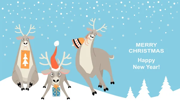 Banner Vánoce Nový Rok Vtipnými Soby Dárky Charakter Kresleného Filmu — Stockový vektor
